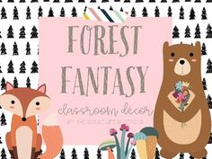 a pink sign that says forest fantasy with two bears and flowers in front of it