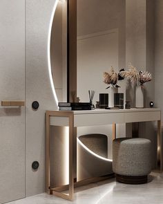 a mirror and stool in a room