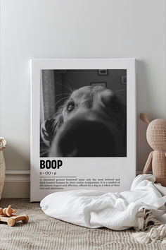 a black and white photo of a dog's face with the words boop on it