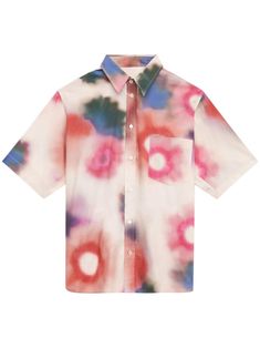 ecru/multicolour cotton poplin texture watercolour effect spread collar front button fastening drop shoulder short sleeves chest patch pocket straight hem Flat Shoes Men, Watercolour Effect, Ecru Color, Sweatshirt Shirt, Shirt Sale, Small Leather Goods, Floral Shirt, Print Shirt, Watercolor Print