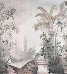 this is a wallpaper with birds and plants