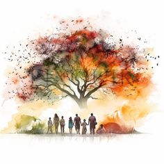 people are standing in front of a colorful tree