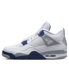 Introducing the Air Jordan 4 Retro White Midnight Navy — the perfect blend of classic and modern. Built for quality and comfort, this timeless sneaker boasts a durable upper constructed from white leather, equipped with black support Wings and Jumpman branding on the heel tab. Woven tongue tags feature an additional Jumpman icon in bright crimson for a fresh update. The cushioning midsole combines two-tone polyurethane with encapsulated Air technology in the forefoot and a visible unit in the he Jordan 4s Blue Thunder, Navy Blue Jordans, Midnight Navy Jordan 4, Sneaker Ball, Blue Thunder, Blue Jordans, Jordan 4s, Jordan 4 Retro, Air Jordan 4