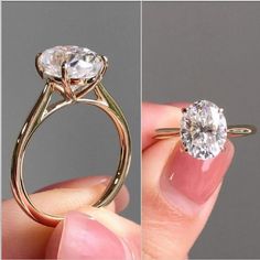 two pictures of a woman's hand holding a ring with a diamond in it