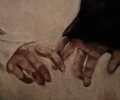 a painting of someone's hands resting on a pillow with their fingers touching each other