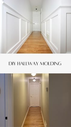 the hallway is empty and has white walls, wood flooring, and an open door that says diy halfway molding