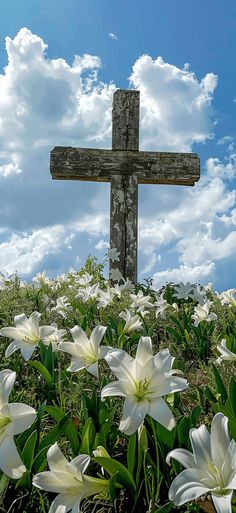 a wooden cross sitting on top of a lush green field filled with white lilies