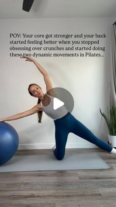 a woman is doing yoga on an exercise ball in front of a wall with the words power your core, strength and your back