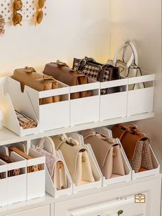 several purses and handbags are stored in bins on the wall above a dresser