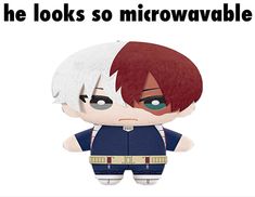 an anime character with red hair and white hair is featured in the text, he looks so microwavevable