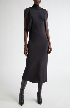 A floor-skimming tie details the tall mock neck of a figure-clinging midi dress framed by split cap sleeves and deeply dipped sides. 50" length (size 4) Hidden back-zip closure; ties at neck Mock neck lined Split cap sleeves Back vent 100% polyester Dry clean Made in the USA Designer Clothing Brandon Maxwell, Platform Slippers, Midi Dress With Sleeves, Denim Leggings, Skin Care Women, Comfortable Dress, Free Fabric, Fashion Help, Black Fits