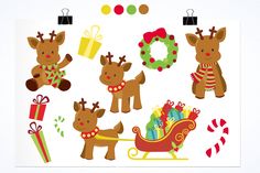 christmas reindeer cliparts with presents and candy canes on white paper, including one for the letter o