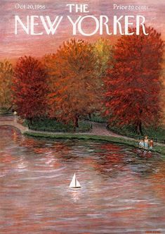 the new yorker magazine cover with a sailboat on the water and trees in fall colors