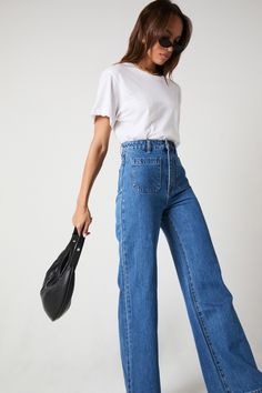 Buy Sailor Jean Long - Ashley Blue Online | Rollas Jeans Zara Sailor Jeans Outfit, Black Sailor Pants Outfit, Sailor Jeans Outfit, Sailor Jeans, Lily Blue, Sailor Jean, Pocket Stitching, Wrap Clothing, Sailor Style