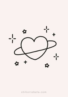 a black and white line drawing of a heart with an object in the middle, surrounded by stars