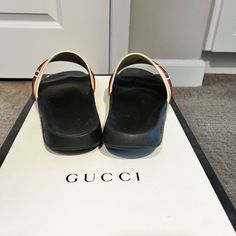 Gucci Sandals Blue White And Red Size 8 Designer Beach Slides With Cushioned Footbed, Designer Beach Slides With Branded Insole, Designer Slides With Branded Insole For Beach, Designer Cushioned Beach Sandals, Designer Slip-on Sandals With Red Sole, Designer Flat Sandals With Rubber Sole, Designer Flat Slides For Beach, Designer Cushioned Slides Slip-on, Designer Cushioned Slip-on Slides