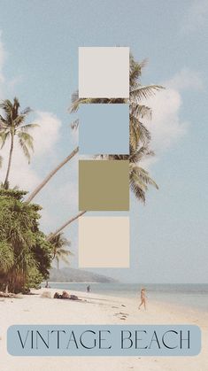 an image of a beach with palm trees and people walking on the sand in front of it