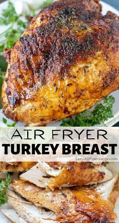 air fryer turkey breast on a plate with parsley