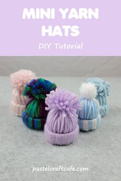 three knitted hats with the words mini yarn hats written in white, blue and purple