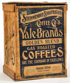 an old fashioned coffee box with advertising on it