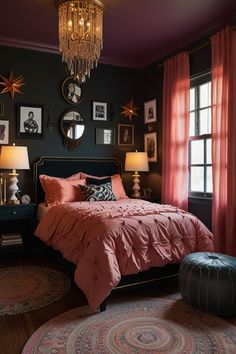 a bed room with a neatly made bed and a chandelier