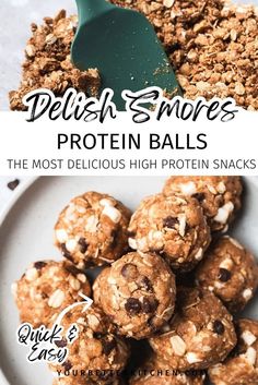 two pictures showing different types of protein balls and the words, delish s'mores protein balls