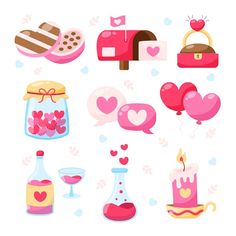 various valentine's day items are arranged on a white background with hearts and balloons