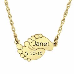 Celebrate the arrival of your beloved baby with this personalized necklace. Crafted from Sterling Silver, this rope chain necklace features a feet-shaped plate pendant with the baby's name and birth date engraved. Features: PersonalizedLink Construction: SolidMetal Color: YellowChain Length: 18 InchChain Width: 1.25 MillimetersPendant Length: 11mmPendant Width: 11mmChain Construction: RopeMetal: 24k Gold Over SilverNecklace Type: Link NecklacesAssembled in the US from Imported Materials Mommy Jewelry, Rope Chain Necklace, Personalized Necklace, Link Necklace, Rope Chain, Photo Jewelry, Sterling Silver Chains, Jewellery And Watches