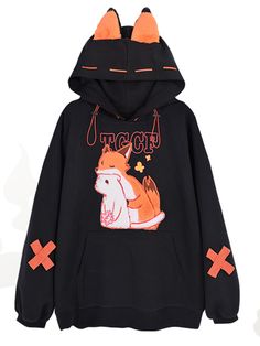 Inspired by the beloved characters Hua Cheng and Xie Lian from "Heaven Official's Blessing," this hoodie is a must-have for any fan. Featuring plush fox ears on the hood and intricate cross designs on the sleeves, this piece stands out with its unique and adorable details. The hoodie is adorned with plush fox and mink patterns, adding an extra touch of kawaii charm. Please note that the price includes one hoodie only.  Price includes one hoodie only.   	 		 			Size 			S 			M 			L 			XL Fox Embroidery, Fox Ears, Loose Hoodie, Kawaii Dress, Kawaii Fashion, Keep Warm, Black Hoodie, Aesthetic Clothes, Season Spring