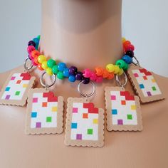 This kandi necklace is made with rainbow pony beads and pastry charms. One size fits all. This Item adjust up to 17 Inches.  This Item is made to order. Perfect for any event! You will get lots of compliments in this unique wearable art! Stand out at your next event! Edm festival  Raves Party  Rave outfit  Festival outfit Pride Handmade Multicolor Rave Necklaces, Rave Multicolor Choker For Festivals, Kandi Perler Beads, Kandi Bag Pattern, Kandi Belt, Kandi Harness, Kandi Choker, Rave Necklace, Kandi Rave