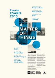 the poster for an art exhibition with blue circles and dots on white paper, which reads'a matter of things '