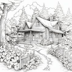 a house in the woods with trees and flowers around it, drawn by hand on paper