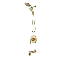 a gold shower faucet with thermostaer and hand shower head