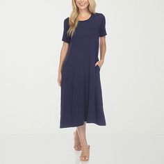 This White Mark women's midi dress is an easy style for casual chic days. Made from a soft stretch-knit, this t-shirt dress has short rolled sleeves, a scoop neckline, side pockets. and a flowy a-line silhouette for ease of movement. Wear it with flat or heeled sandals. Features: Stretch FabricClosure Type: Pullover HeadNeckline: Scoop NeckPockets: 2 Side Slip PocketsSleeve Length: Short SleeveApparel Length: 42 InchesDress Length: Midi LengthFiber Content: 95% Rayon, 5% SpandexFabric Descriptio Small Dresses, Flowy Design, Easy Style, Rolled Sleeves, Large Dress, Dresses Blue, White Mark, Small Dress, Womens Midi Dresses