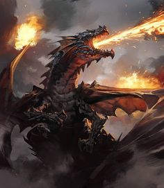 a fire breathing dragon is shown in this artistic painting, it appears to be on fire