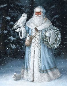 a painting of santa claus holding an owl in his hand and wearing a blue dress