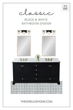 a bathroom with two sinks and mirrors on the wall, in black and white tile