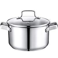 a large stainless steel casserole with lid and handles on a white background,