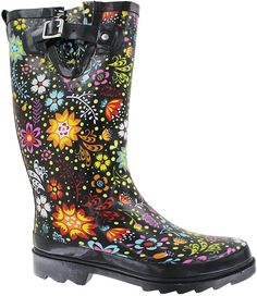 Adorable rain boots in black with a colorful floral print. 12.5 inches tall with adjustable rubber strap. Athletic Sandals, Rain Boots Women, Ankle Strap Sandals Flat, Canvas Boots, Open Toed Heels, Footbed Sandals, Casual Athletic, Boy Shoes, Tall Boots