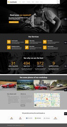 the website design for an auto repair business is shown in black and yellow, with orange accents