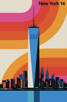 the new york skyline is shown in this retro poster