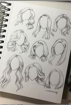 a drawing book with different hair styles on the page and an iphone next to it