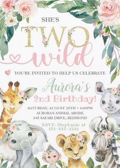 an animal themed birthday party with pink flowers and greenery on the front, two wild animals in floral wreaths