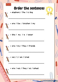 an order the sentence worksheet with pencils and rulers