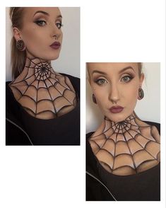 DAY 7  Spider Web Chest Piece  I love posting easy to do looks as I'd love if people could feel like they could do the easy ones and got ideas or inspiration for their Halloween outfit from my posts! Easy and affordable looks like this are so good for last minute costumes and take no time at all, this was all done with eyeshadow! Simple shading is what really makes this chest piece pop but it's so easy to achieve! Stick on some fake spiders, do some dark smokey makeup, sorted! Facial Painting, Easy Last Minute Costumes, Unique Halloween Makeup, Spider People, Creepy Halloween Makeup, Cute Halloween Makeup, Halloween Makeup Scary