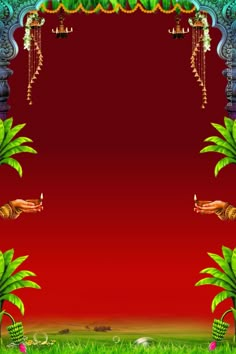 a red background with palm trees and an ornate frame for the text or image on it