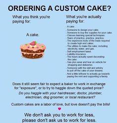 an advertisement for a cake making business with the caption ordering a custom cake? what you're paying for?