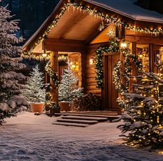 a cabin with christmas lights on the front porch and trees outside in the snow at night