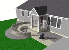 a 3d rendering of a house with a patio and stairs