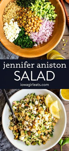 a bowl filled with different types of food and the words jenny annistoon salad above it